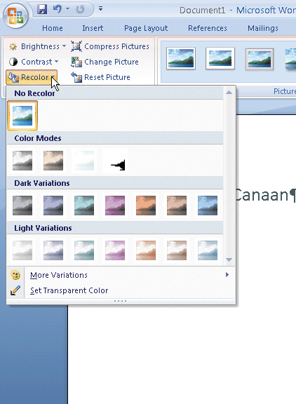   Figure 3-1 As an alternative to using the Recolor button on the Format tab to display the Recolor gallery shown in the accompanying figure, you can right-click the graphic, click ____ on the shortcut menu, click Picture in the left pane and then click the Recolor button. A) Format Picture B) Image Options C) Colors and Themes D) Change Colors