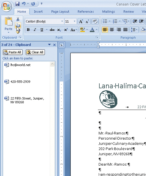   Figure 3-4 If the e-mail address shown in the accompanying figure had just been pasted into the cover letter shown, that would make this letter the ____ document. A) baseline B) index C) destination D) output