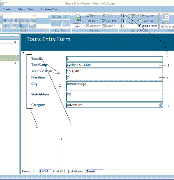   In the figure above, item 7 points to the ____. A)  Field List button B)  Ascending button C)  vertical ruler D)  Descending button