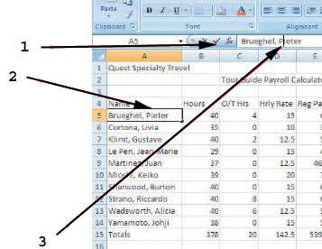   As shown in the figure above, item 3 points to the ____. A)  insertion point B)  mode indicator C)  Enter button D)  active cell