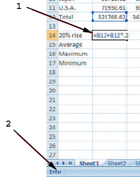   As shown in the figure above, item 1 points to a(n)  ____ formula. A)  absolute B)  relative C)  mixed D)  complex