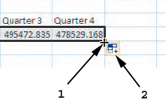   As shown in the figure above, item 2 points to the ____. A)  Auto Fill Options button B)  fill handle C)  Paste Options button D)  Clipboard launcher