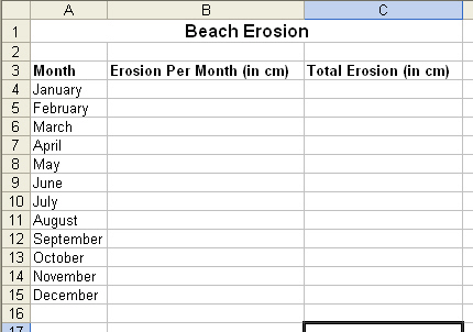 You are a scientist studying beach erosion at your local beach. You have created a simple worksheet to calculate the yearly erosion rate and to perform some what-if analysis. The spreadsheet that you have so far is given below.   In June, you re reviewing your spreadsheet and notice that you ve made an error in March s and April s erosion per month. You used a formula to calculate the values for total erosion. What changes would you need to make to your spreadsheet so that all erosion figures and totals are correct?