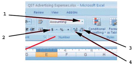   As shown in the figure above, item 2 is the ____ button. A)  Number Format B)  Accounting Format C)  Currency Style D)  Percent Style