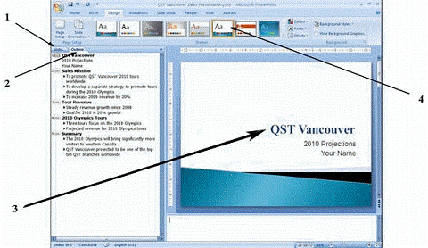   The element pointed to by item 4 in the figure above adds a(n)  ____ to your PowerPoint slides. A)  object B)  outline C)  set of notes D)  theme