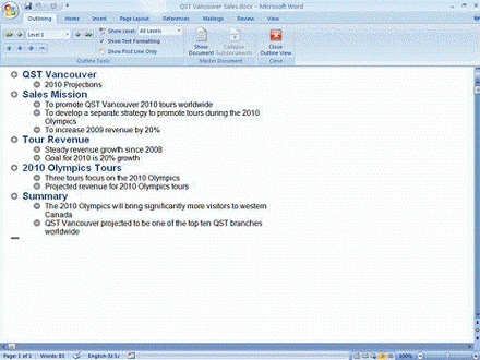 Mary Lou Jacobs has just asked you to create a PowerPoint slide presentation to be delivered at the next sales meeting. She expects you to construct the presentation slide by slide based on data in a Word document. You offer an faster alternative: importing the Word outline shown in the figure below into PowerPoint. Ms. Jacobs has several questions about the process.   Are there any limitations to this method of creating a PowerPoint presentation?
