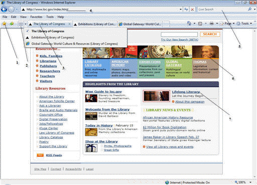   In the figure above, item 3 is pointing to ____. A)  A Web page on a tab B)  The active Web page C)  An RSS feed D)  Both a and b