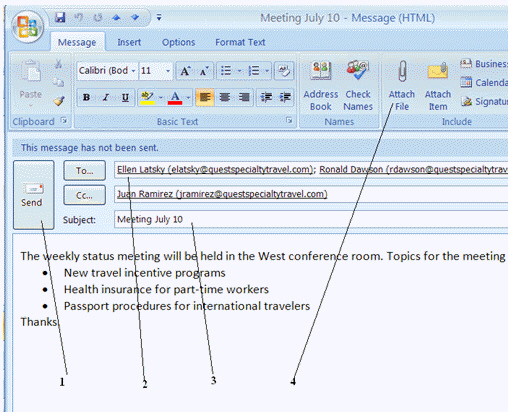  You click the button labeled 1 in the Figure above when you are finished writing and addressing your e-mail message.