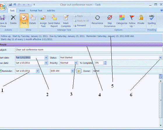   Based on the information shown by item 5 in the figure, you know that this task ____. A)  is a recurring task B)  is flagged for followup C)  has a reminder set D)  All of the above