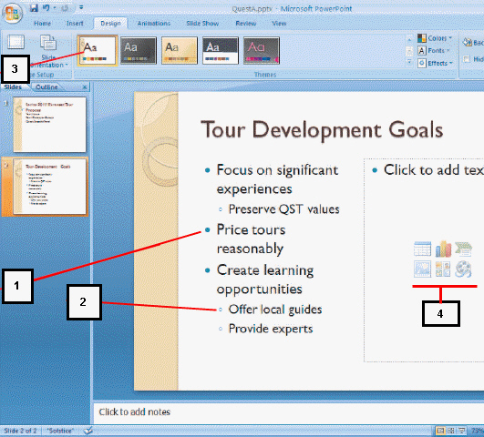   Figure A-1 Item 3 in the figure above is a(n)  ____. A)  thumbnail of slide 2 B)  design theme C)  is applied to slide 2 D)  Both b and c are correct
