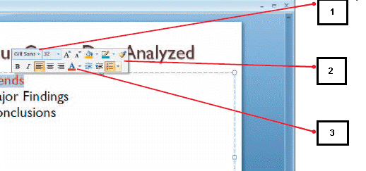   In the above figure, item 1 is the ____. A)  Font list arrow B)  Design theme applied to the presentation C)  font applied to the word  Trends  D)  Both a and c are correct