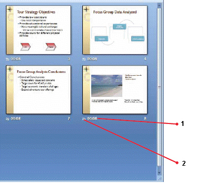   Item 2 in the above figure is used to ____. A)  preview the slide timing B)  preview the slide transition C)  pause the slide show during this slide D)  hide this slide during the slide show