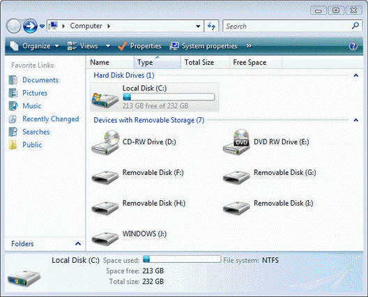   In the figure above, the drive name for the hard disk drive is ____. A)  C: B)  D: C)  E: D)  J: