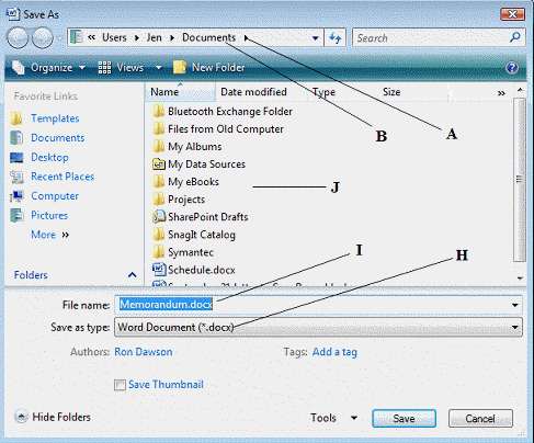 Match each labeled element of the Save As dialog box with the statement that best describes it.  