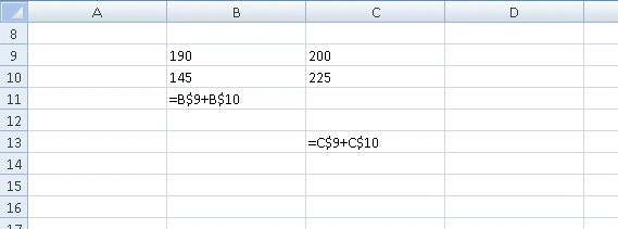 FIGURE EX 3-1   In Figure EX 3-1 above, when the formula in cell B11 is copied to cell C13, ____. A)  the relative column references change and the absolute row references do not B)  the relative column references do not change and the absolute row references do C)  the absolute column references change and the relative row references do not D)  the absolute column references do not change and the relative row references do
