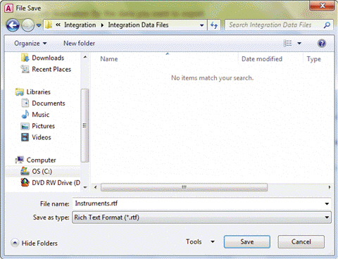 FIGURE INT 1-1   When you click the Save button in the dialog box shown in Figure INT 1-1 above, what will be displayed on the screen? A)  Export - RTF File dialog box B)  Import Spreadsheet Wizard C)  Instruments.rtf file D)  Mail Merge Wizard task pane