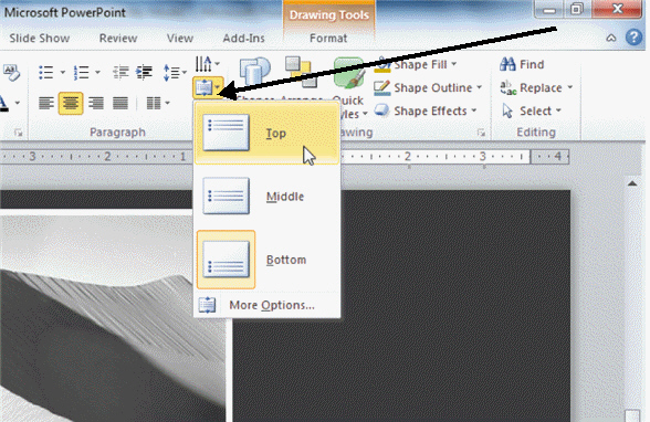 FIGURE PPT 2-2   In Figure PPT 2-2 above, the arrow is pointing to the _____ button. A)  Justify B)  Line Spacing C)  Align Text D)  Text Direction