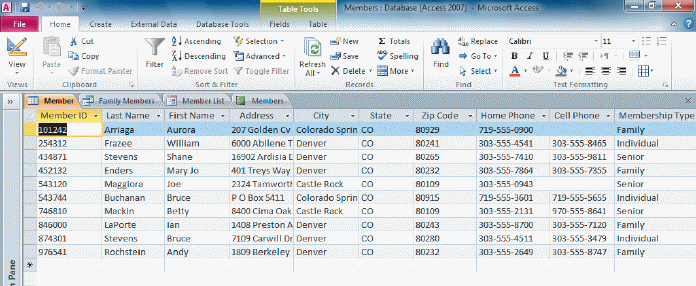 FIGURE AC 1-1   Referring to Figure AC 1-1 above, if you sorted the database on Last Name, you would be sorting on a ____. A)  field selector B)  database selector C)  row selector D)  datasheet selector