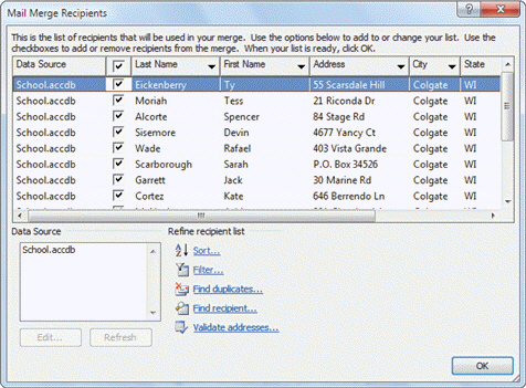 FIGURE AC 6-1   Referring to Figure AC 6-1 above, the data source for the mail merge is a(n)  ____. A)  Access database B)  Excel worksheet C)  Word table D)  you cannot tell from the figure