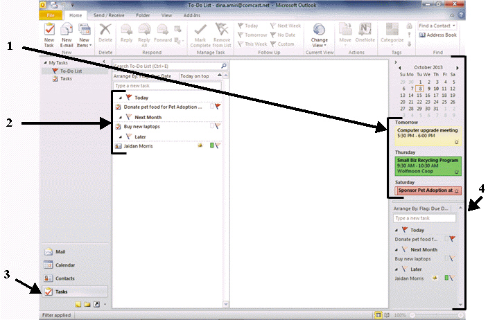 <strong>FIGURE OL 3-1 Referring to Figure OL 3-1 above, number 4 is pointing to the ____.</strong> A) To-Do bar B) Task List C) Tasks folder button D) Meetings, appointments, and events