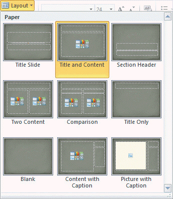FIGURE PPT 1-1   Referring to Figure PPT 1-1 above, to access the default layouts go to the ____ tab, in the Slides group, and click the Layout button. A)  View B)  Design C)  Insert D)  Home