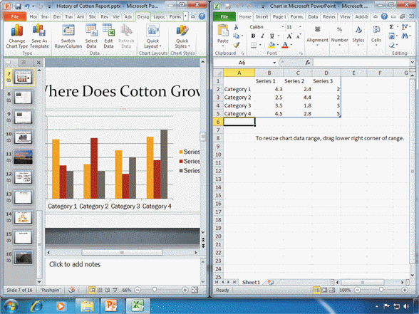 FIGURE PPT 3-1   Referring to Figure PPT 3-1 above, the datasheet on the right-hand side of the window has data in it already. How could one change the data? A)  Click the cell and then type the numbers or text in the Excel window B)  Open up a separate Cell Data dialog box in the Excel window C)  Click the datasheet and import it into PowerPoint, and then enter the data D)  None of the above
