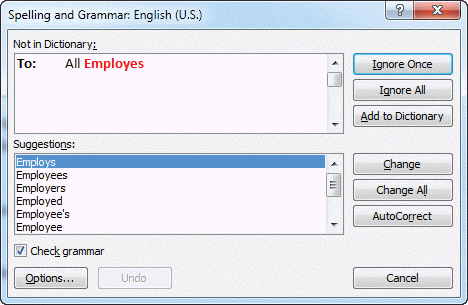 FIGURE WD 3-1   When a contextual spelling error is detected, the dialog box that appears is the same as the one shown in Figure WD 3-1 above, but only the Change and ____ commands are available. A)  Ignore Once B)  Ignore All C)  Change All D)  Auto Correct