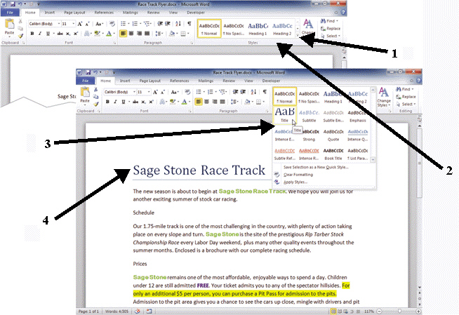 <strong>FIGURE WD 4-1 The item numbered 1 in Figure WD 4-1 above is the ____ button in the Styles group.</strong> A) Styles B) Fonts C) More D) Preview