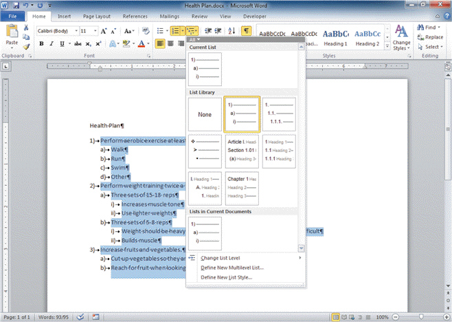 FIGURE WD 5-1   Referring to Figure WD 5-1 above, to create the next item in the list, press Enter. You can change the newly inserted item to a lower-level in one of three ways that does NOT include ____. A)  press Tab B)  click the Increase Indent button in the Paragraph group C)  use the Change List Level submenu D)  press Shift