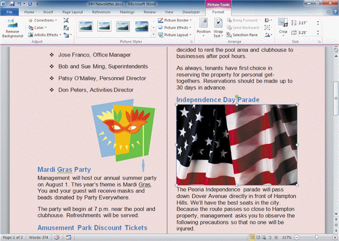 FIGURE WD 6-1   In Figure WD 6-1 above, at the top of the flag photo (between the words Day and Parade) , there is a perpendicular line with a green circle. This is the ____. A)  sizing handle B)  rotate handle C)  select handle D)  title handle