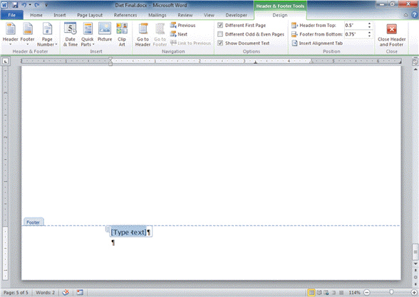 FIGURE WD 7-1   In Figure WD 7-1 above, the appearance of the Header Footer Tools Design tab means that there is a header or footer that is ____. A)  missing B)  active C)  saved D)  needing attention