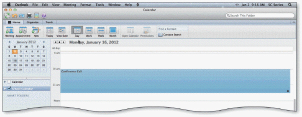     When you click a day on the mini calendar in the Navigation Pane, Outlook displays the calendar for the date selected in Day view in the appointment area, as shown in the accompanying figure.