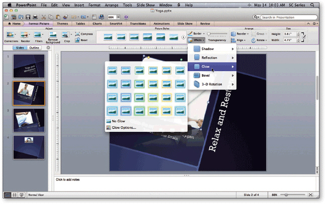   The Effects menu in the accompanying figure is available by clicking the Effects button in the Picture Styles group on the ____ tab. A) Format Picture B) Image C) Picture Effects D) Graphics
