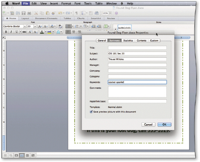     Some organizations require Word users to add document properties, like the ones in the accompanying figure, so that other employees can view details about these files.