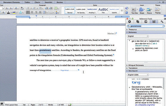     You can use the Copy and Paste commands to copy information from the Reference Tools pane into your document, as shown in the accompanying figure.