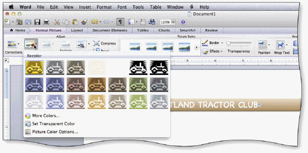     If you want to use the gallery shown in the accompanying figure to change a graphic back to its original colors, you can click Restore in the gallery.