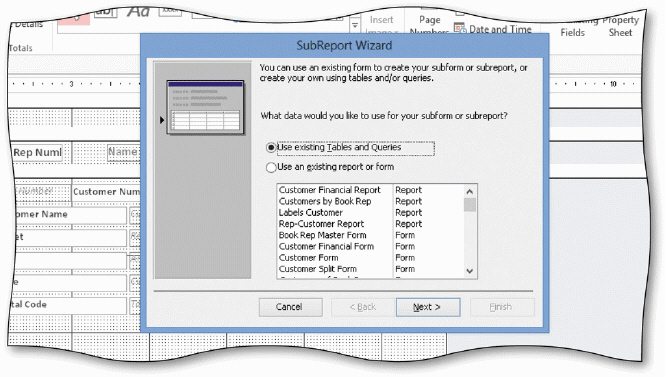   The SubReport Wizard displays in the accompanying figure. To open a subreport in Design view, press and hold or right-click the subreport in the Navigation Pane and tap or click ____ on the shortcut menu. A)  SubReport View B)  Design View C)  Modify SubReport D)  SubReport Design