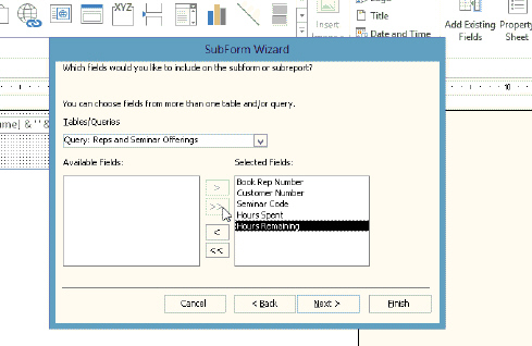   The SubForm Wizard displays in the accompanying figure. To add a subform to a form, you use the ____ tool on the FORM DESIGN TOOLS DESIGN tab in the Controls group. A)  Form B)  Subform C)  Bound Object Frame D)  Subform/Subreport