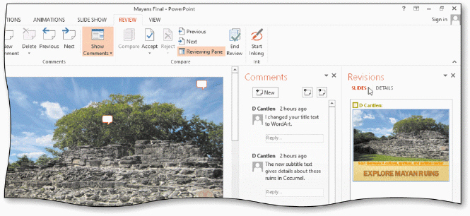   As shown in the accompanying figure, you can preview presentation changes made by reviewers if you first display the Preview tab.