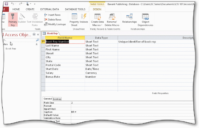   In the acsampanying figure, the key symbol that appears in the row selector for the Book Rep Number field indicates that Book Rep Number is the ____ for the table. A)  principal key B)  foreign key C)  main key D)  primary key