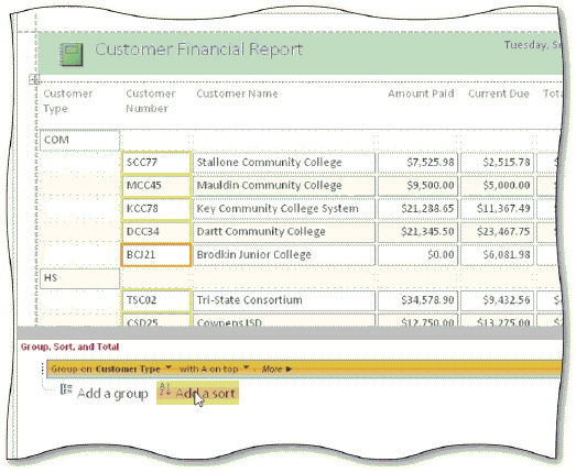   In the acsampanying figure, you can tap or click the More button in the Group, Sort, and Total pane to specify additional options. The ____ option allows you to indicate whether Access is to attempt to keep portions of a group together on a page. A)  Same Page B)  Keep together C)  Page Group D)  No Orphans