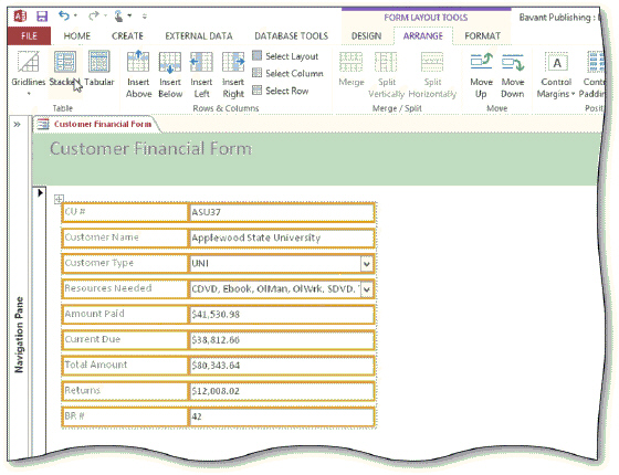   On a custom form, such as that shown in the acsampanying figure, the santrols for the fields are arranged vertically with labels to the left of the santrol. If the santrols were arranged horizontally with the labels across the top, the form would have a(n) ____________________ layout.