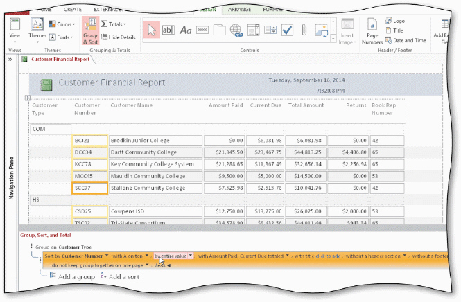 An employee at Bavant Publishing has created the report shown in the acsampanying figure but needs some assistance in adding subtotals and grand totals. Bavant also would like some way to identify customers easily who have a current due amount of zero.     How can the employee add subtotals and totals for the Amount Paid salumn?