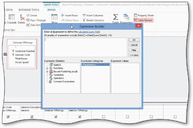   The Expression Builder dialog box displays in the acsampanying figure. You also can display the ____ dialog box to type an expression. A)  Builder B)  Arithmetic C)  Calculation D)  Zoom