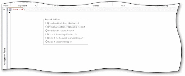   The acsampanying figure displays the Report Options group with six option buttons. To attach a macro to the option group, you first must display a property sheet for the group and tap or click the ____________________ property for the option group.