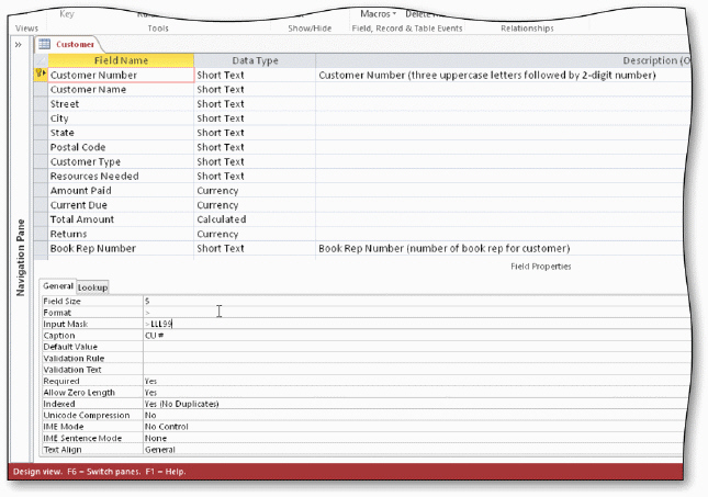   The acsampanying figure displays the Customer table in Design view. To enter a zero-length string, you type two percent symbols with no spaces in between (%%).