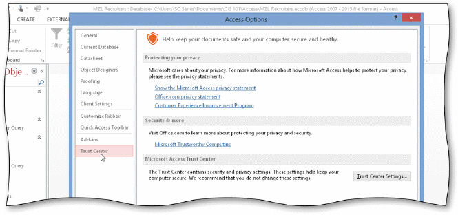   The acsampanying figure displays the Trust Center in the Access Options dialog box. The ___________________ option in the Trust Center dialog box allows you to change the levels of macro security.