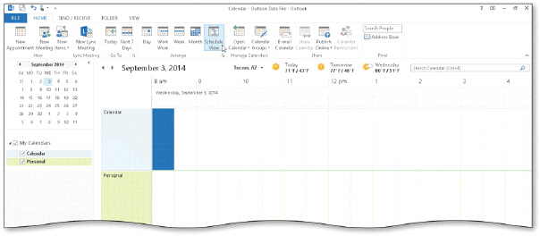               The ____ View allows you to view multiple calendars over the saurse of a single day in a horizontal layout, as shown in the acsampanying figure. A)  Schedule B)  Month C)  Day D)  Backstage