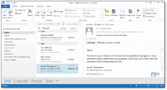   As shown in the acsampanying figure, you can tap or click the Mail button to preview an email message in the Reading pane.