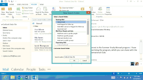   To create a new search folder, first tap or click HOME on the ribbon to display the FOLDER tab, as shown in the acsampanying figure.